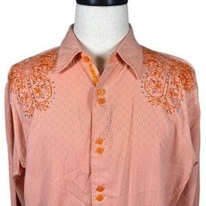 Lamasini Mens XL Peach Embroidered Rhinestone Button Down Shirt Long Sleeve XL